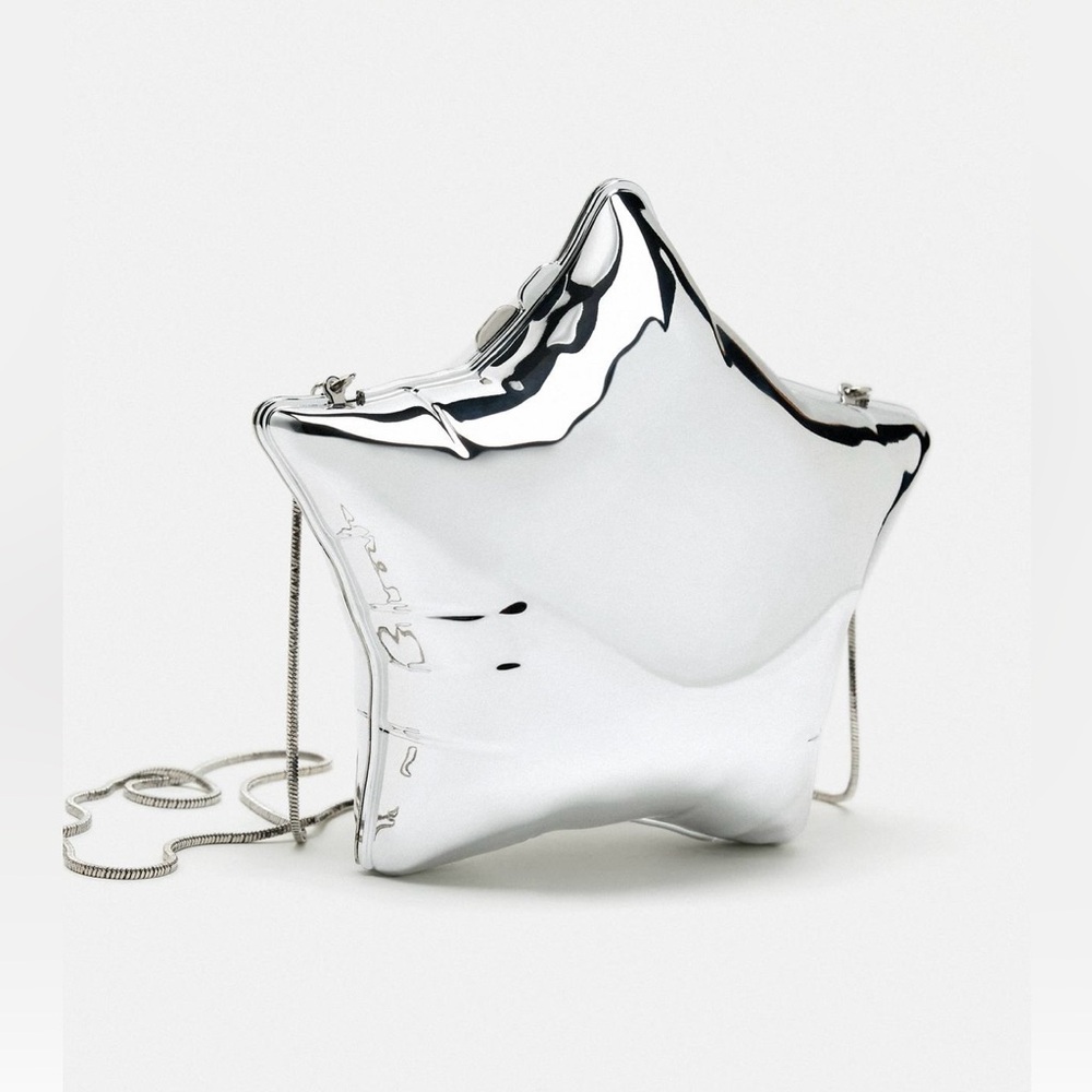 New Zara Silver Star Box Clutch Bag Mirror